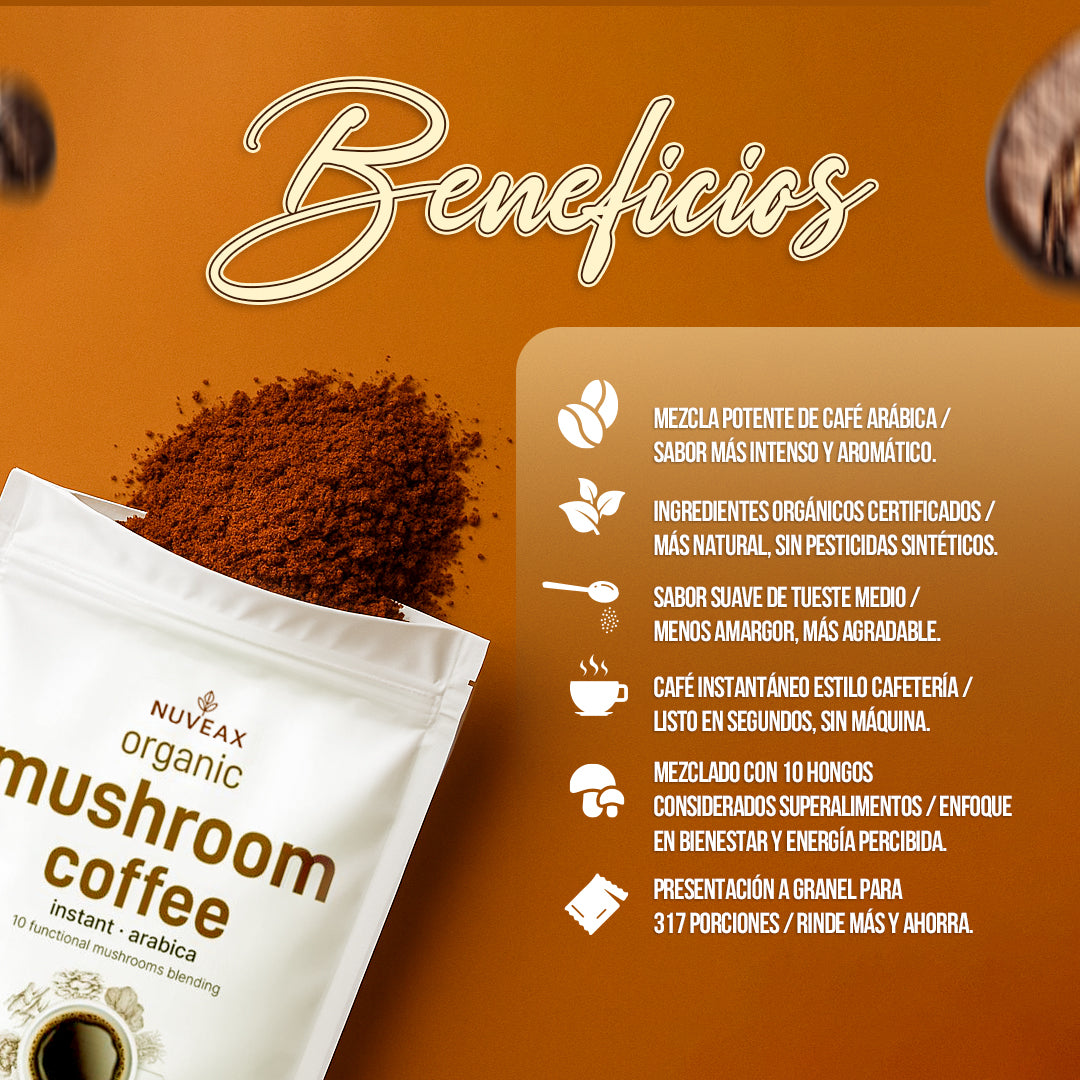 Mushroom Coffee Orgánico Nuveax – Energía Natural con Café Arábica y Hongos Funcionales