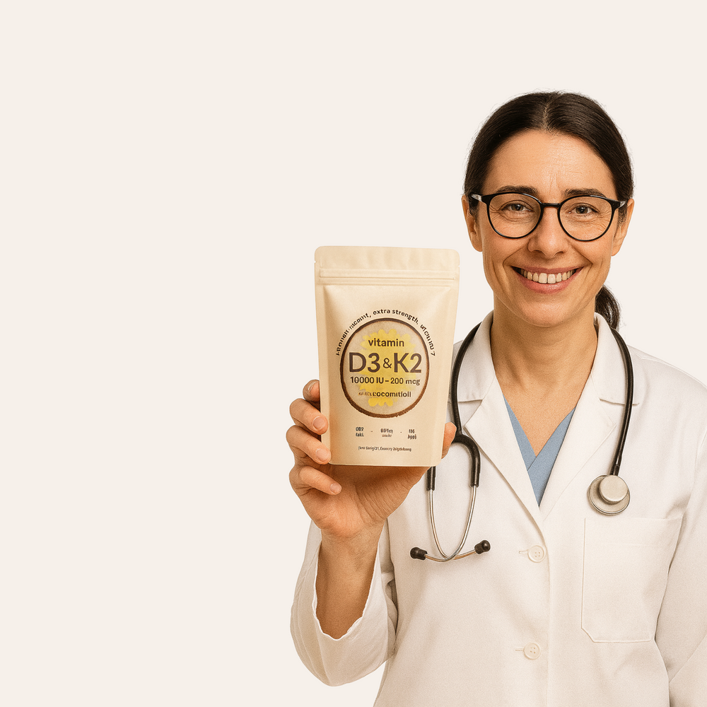 Doctora sosteniendo suplemento Vitamina D3 + K2 con aceite de coco