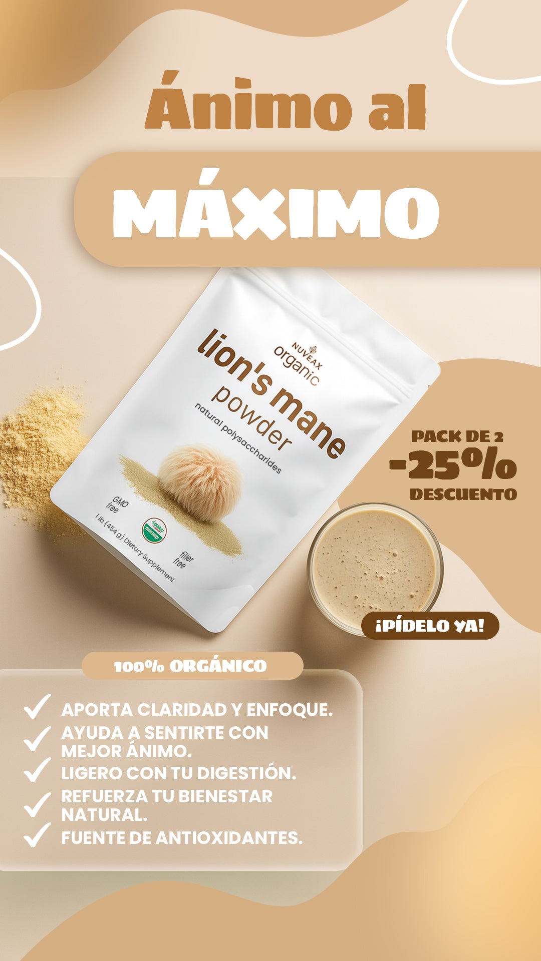 Lion’s Mane Orgánico en Polvo – Enfoque Mental, Memoria y Defensa Natural