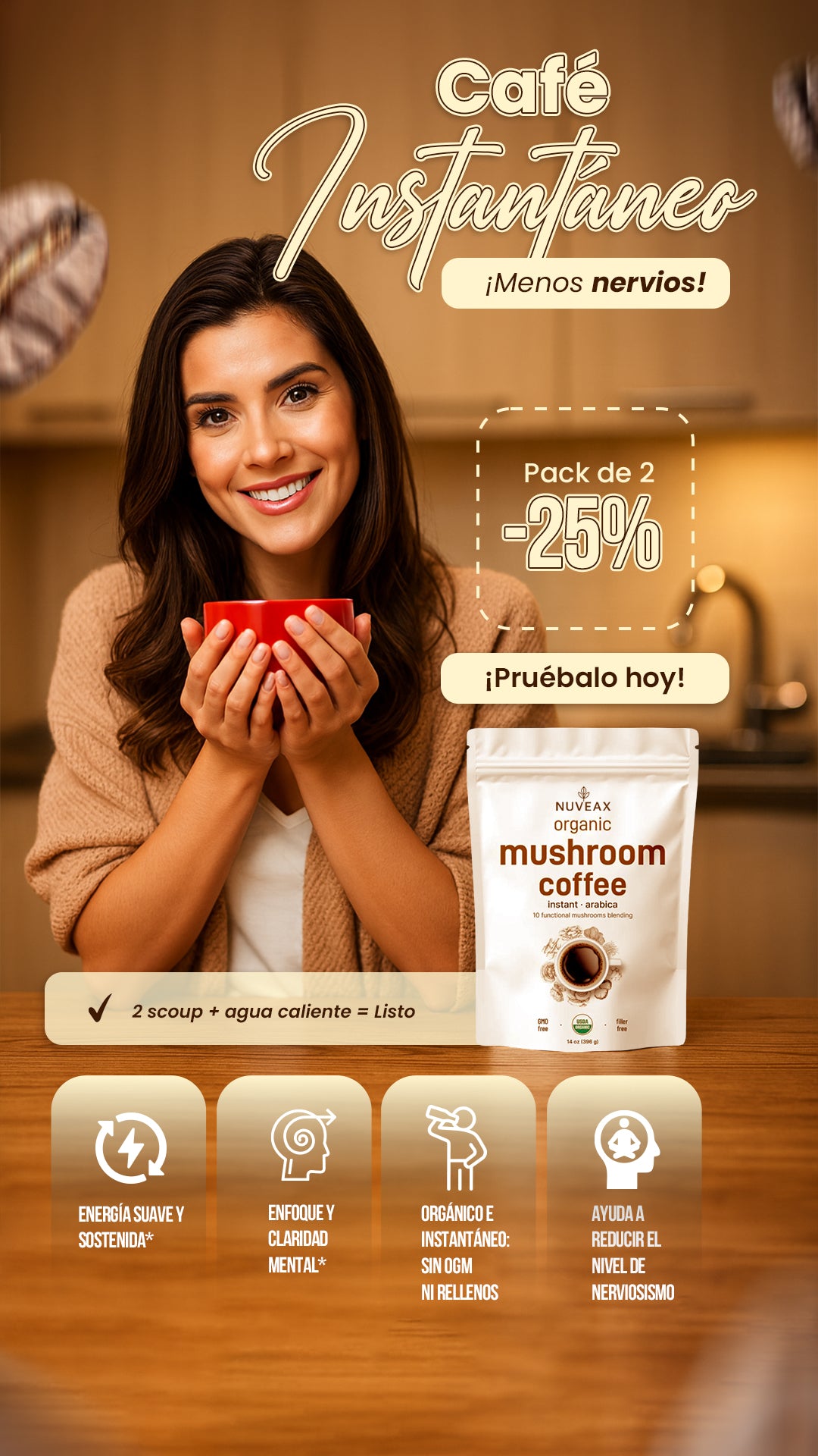 Mushroom Coffee Orgánico Nuveax – Energía Natural con Café Arábica y Hongos Funcionales